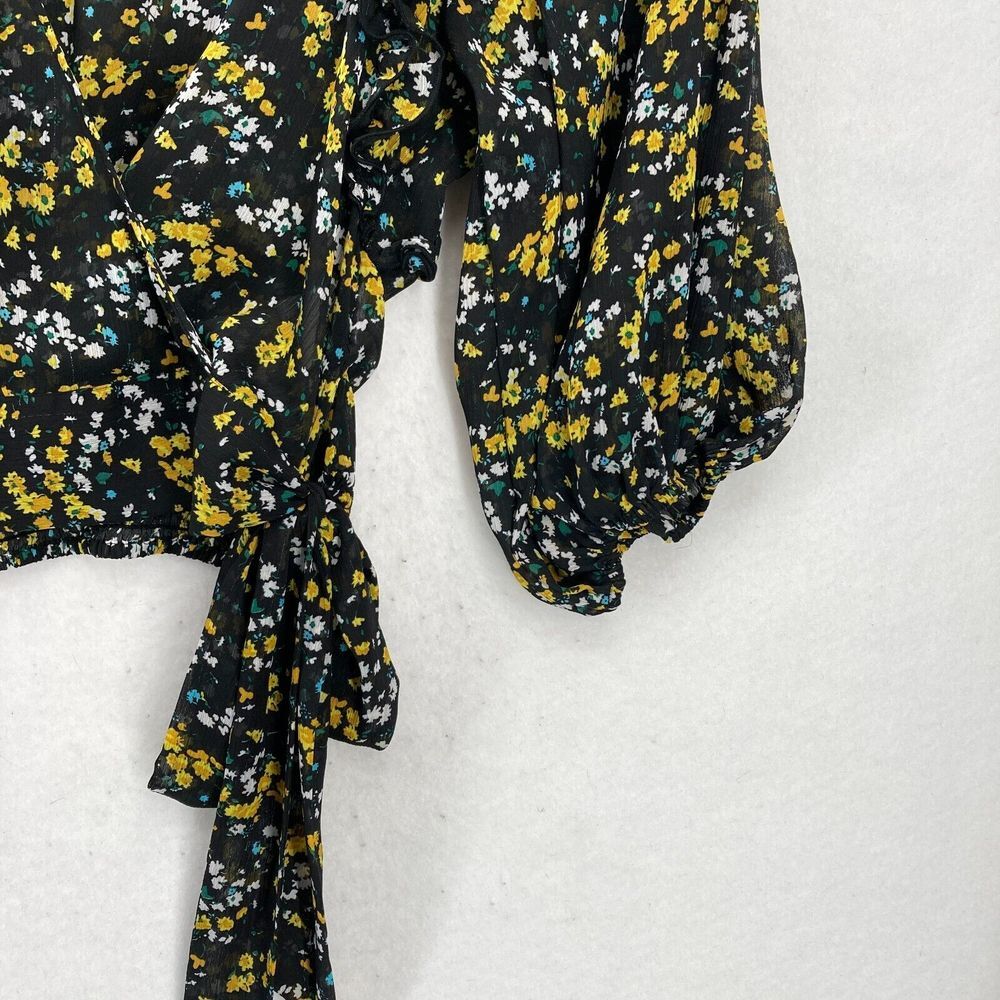 Express Women's Floral Wrap Blouse Large Black Yellow Bishop Sleeve Tie‎ Waist - Picture 3 of 13